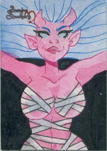 Pink-skinned cartoon succubus with pointed ears in Kate Carleton’s Sketch Card art