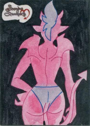 Stylized succubus sweethearts sketch card by Kate Carleton featuring a pink demonic figure