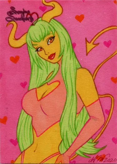 Cartoon-style Succubus Sweethearts sketch card by Kristin Allen featuring a yellow-skinned woman