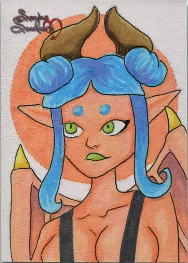 Stylized cartoon portrait of a blue-haired character from Succubus Sweethearts sketch card
