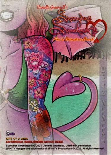 Colorful tattoo sleeve with flowers and flames on arm in Succubus Sweethearts Incentive Sketch Card