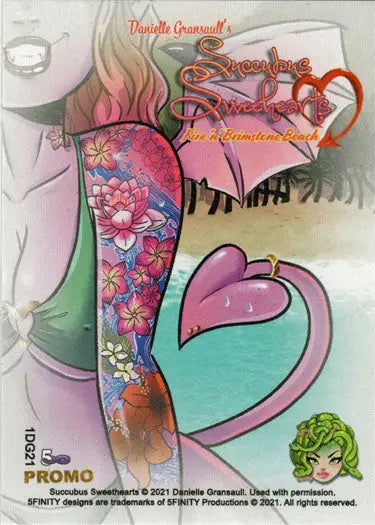 Colorful tattooed arm with floral designs on Succubus Sweethearts promo card