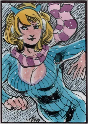 Cartoon illustration of a blonde succubus in blue and purple from David Lee’s Sketch Card