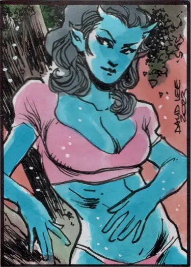 Blue-skinned female succubus wearing pink, featured in Succubus Sweethearts sketch card by David Lee
