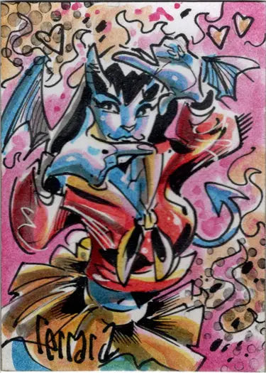 Stylized blue-skinned devil in red clothing from Succubus Sweethearts sketch card by Eduardo Ferrara