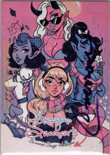 Stylized illustration of succubus sweethearts by Emerson Ferreira on a sketch card