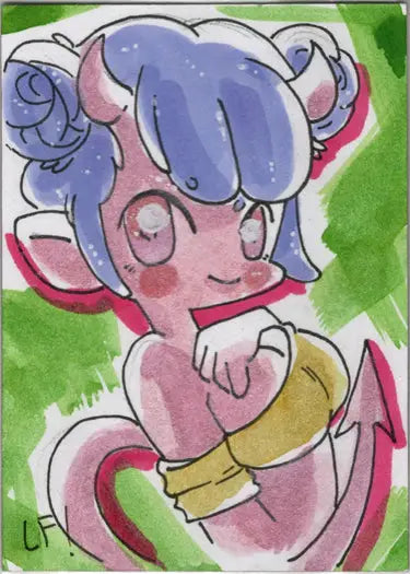Cartoon drawing of a pink creature with blue hair in Succubus Sweethearts Sketch Card