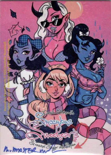 Stylized illustration of diverse female characters in Succubus Sweethearts sketch card by Michael Mastermaker