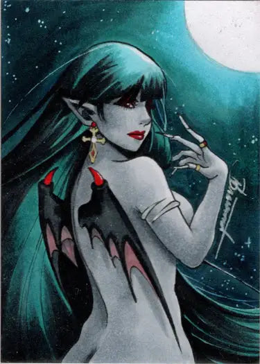 Female anime-style succubus sweethearts character with bat wings and teal hair on sketch card