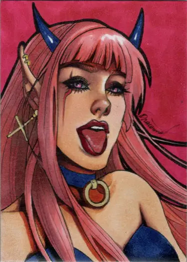 Colorful illustration of a pink-haired succubus character on Nathalia Braconnot sketch card
