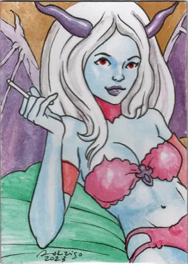 Fantastical blue-skinned succubus sweetheart with wings on Rodrigo Mazer’s sketch card