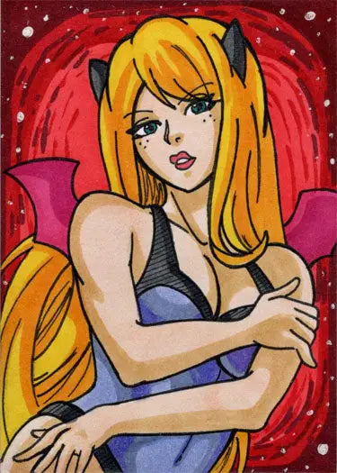 Anime-style drawing of a blonde woman with cat ears in purple from Succubus Sweethearts Sketch Card Andy Bohn