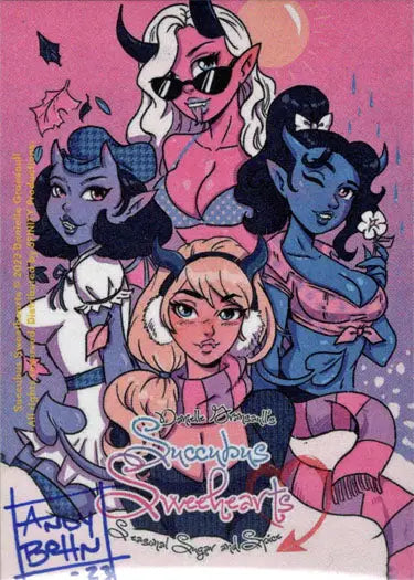 Colorful illustration of Succubus Sweethearts by Andy Bohn on a sketch card