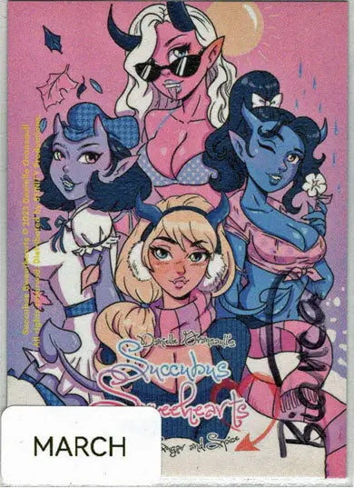 Colorful illustration of diverse female characters labeled MARCH for Succubus Sweethearts Sketch Card