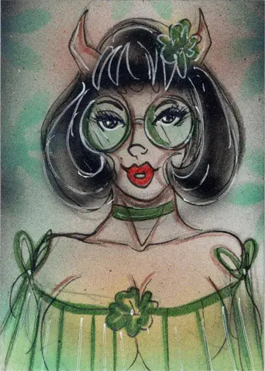 Stylized portrait of a woman with horns in green attire from Succubus Sweethearts Sketch Card