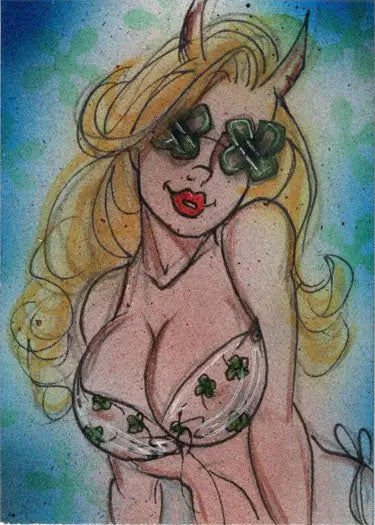 Cartoon drawing of Bianca Thompson’s Succubus Sweethearts in shamrock sunglasses