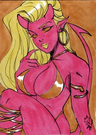 Pink demonic female figure with blonde hair in Succubus Sweethearts Sketch Card by Tiffany Peek