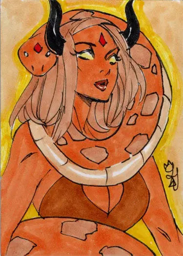 Stylized red-skinned succubus sweethearts sketch card by Tiffany Peek with horns and white hair
