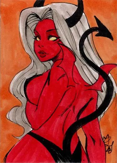 Stylized illustration of a red-skinned succubus sweethearts figure by Tiffany Peek