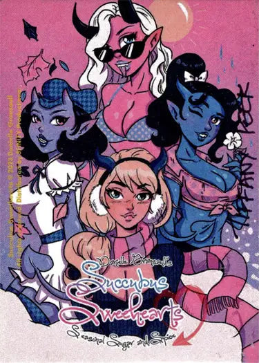 Colorful illustration of diverse succubus sweethearts by Tiffany Peek on sketch card