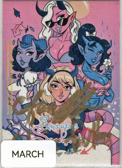 Colorful illustration of Succubus Sweethearts characters in Chris Foulkes Sketch Card design
