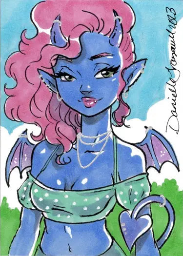 Cartoon of a blue-skinned succubus sweetheart with pink hair and wings on a Danielle Gransaull sketch card