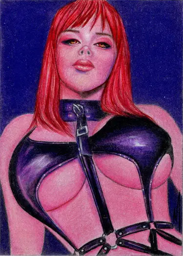 Portrait of a woman with red hair in a black leather harness, Succubus Sweethearts sketch card