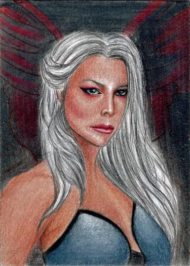Portrait of a woman with silver hair and intense eyes for Succubus Sweethearts sketch card
