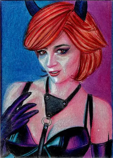 Colorful portrait of a red-haired woman with devil horns in Succubus Sweethearts sketch card