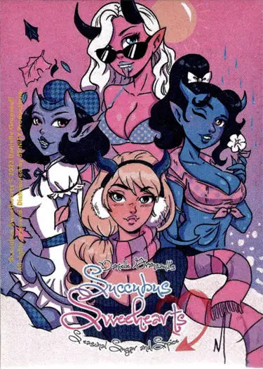 Stylized illustration of diverse female characters from Succubus Sweethearts trading card