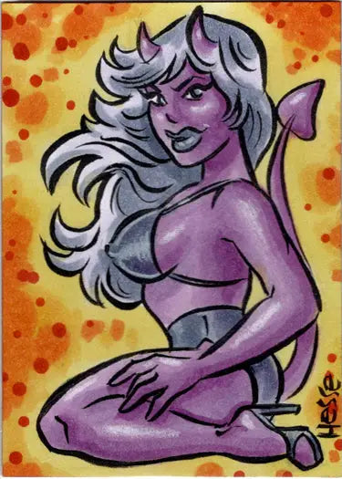 Purple succubus sweethearts figure with white hair, horns, and tail in sketch card by Erica Hesse