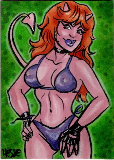 Cartoon red-haired succubus in purple bikini from Erica Hesse Sketch Card collection