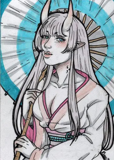 Stylized female succubus with horns and white hair from Succubus Sweethearts Sketch Card