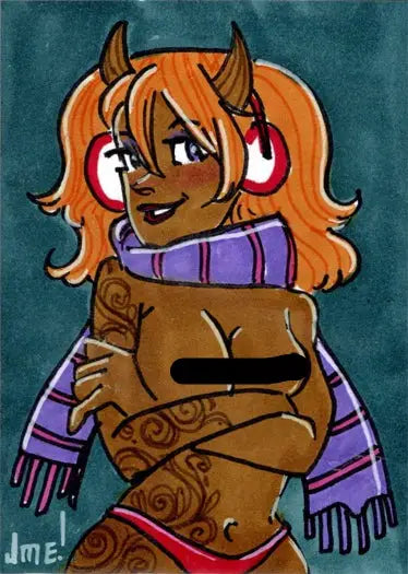 Cartoon character with orange hair and horns in Succubus Sweethearts Sketch Card by Jme Foronda
