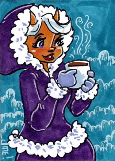 Cartoon succubus sweethearts character in purple coat with steaming cup, Jme Foronda sketch card