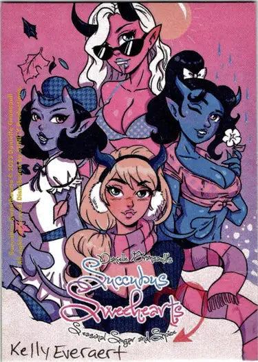 Colorful illustration of Succubus Sweethearts by Kelly Everaert on a sketch card