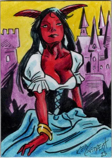 Red-skinned female succubus in dress against castle, Succubus Sweethearts Sketch Card by Kelly Everaert