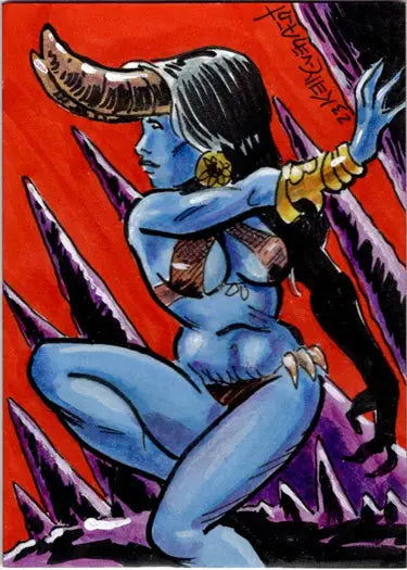 Blue-skinned succubus sweethearts figure in dynamic pose on Kelly Everaert sketch card