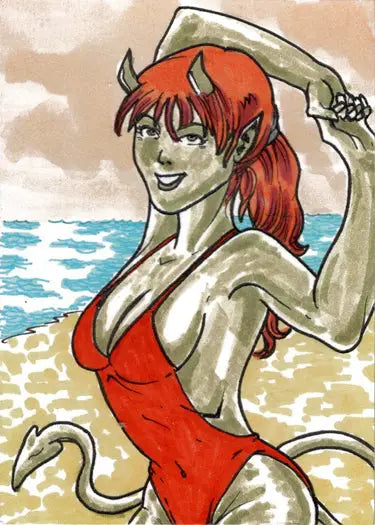 Cartoon of a smiling woman in red swimsuit by Limuel Pinzon for Succubus Sweethearts sketch card