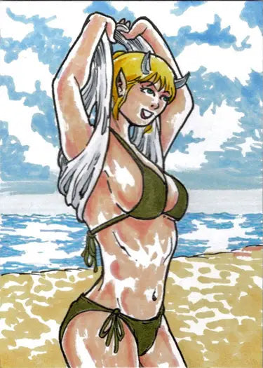 Cartoon illustration of a blonde woman in a green bikini from Succubus Sweethearts sketch card