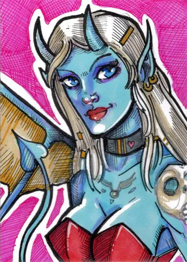 Stylized blue-skinned succubus character with horns and white hair on Sketch Card by Mike Mastermaker