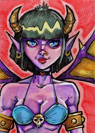 Colorful illustration of a succubus sweetheart by Mike Mastermaker on a sketch card
