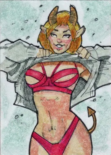 Cartoon sketch card of a devilish female succubus sweethearts character by Paul Maitland