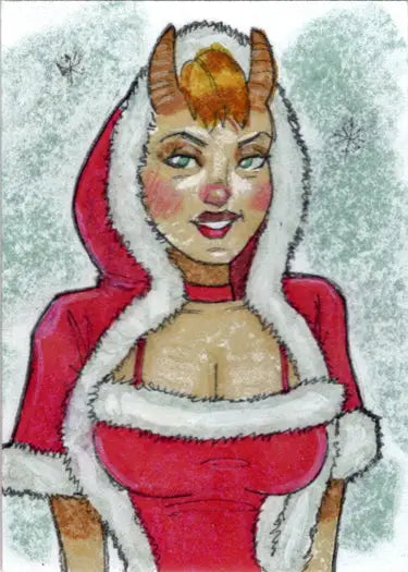 Stylized drawing of a woman in festive red outfit from Succubus Sweethearts Sketch Card by Paul Maitland