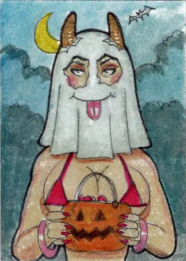 Cartoon ghost with horns in bikini holding pumpkin basket on Succubus Sweethearts Sketch Card by Paul Maitland