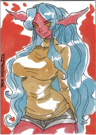 Stylized blue-haired succubus character in yellow top from Succubus Sweethearts sketch card