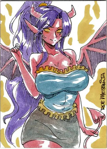 Anime-style succubus sweethearts character with purple hair and horns on a sketch card