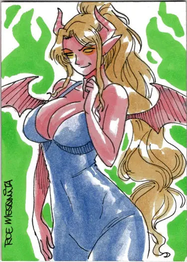 Anime-style blonde succubus character with wings in blue dress on Roe Mesquita sketch card