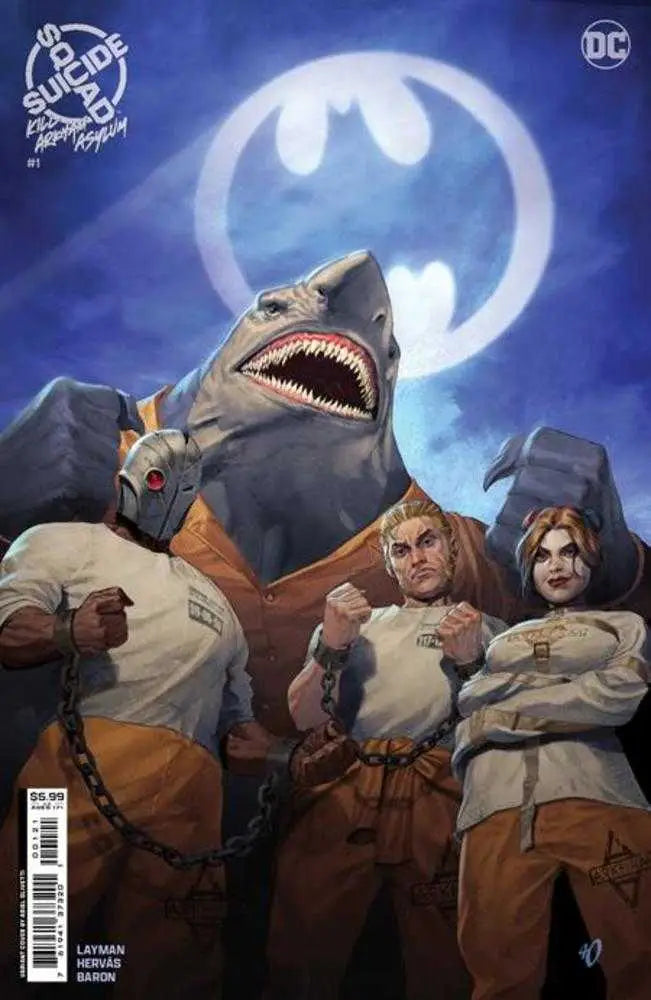 Comic book cover of Suicide Squad Kill Arkham Asylum with King Shark and Bat-Signal