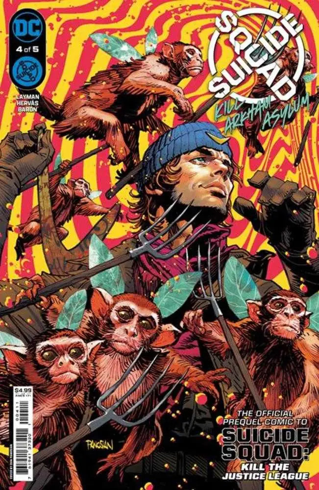Comic book cover of Suicide Squad featuring a character with monkeys in Arkham Asylum